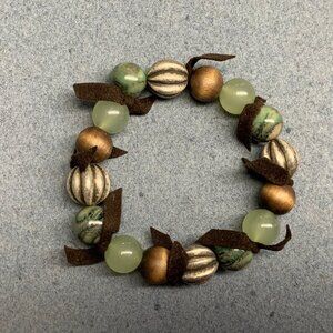 Boho Beaded Stretch Bracelet 7 In Green Translucent Marble Fluted Silver Brown W